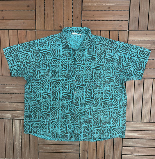 Teal Abstract Button Down Tee | Size X-Large | Vintage 1990s Casual Button Down Shirt |