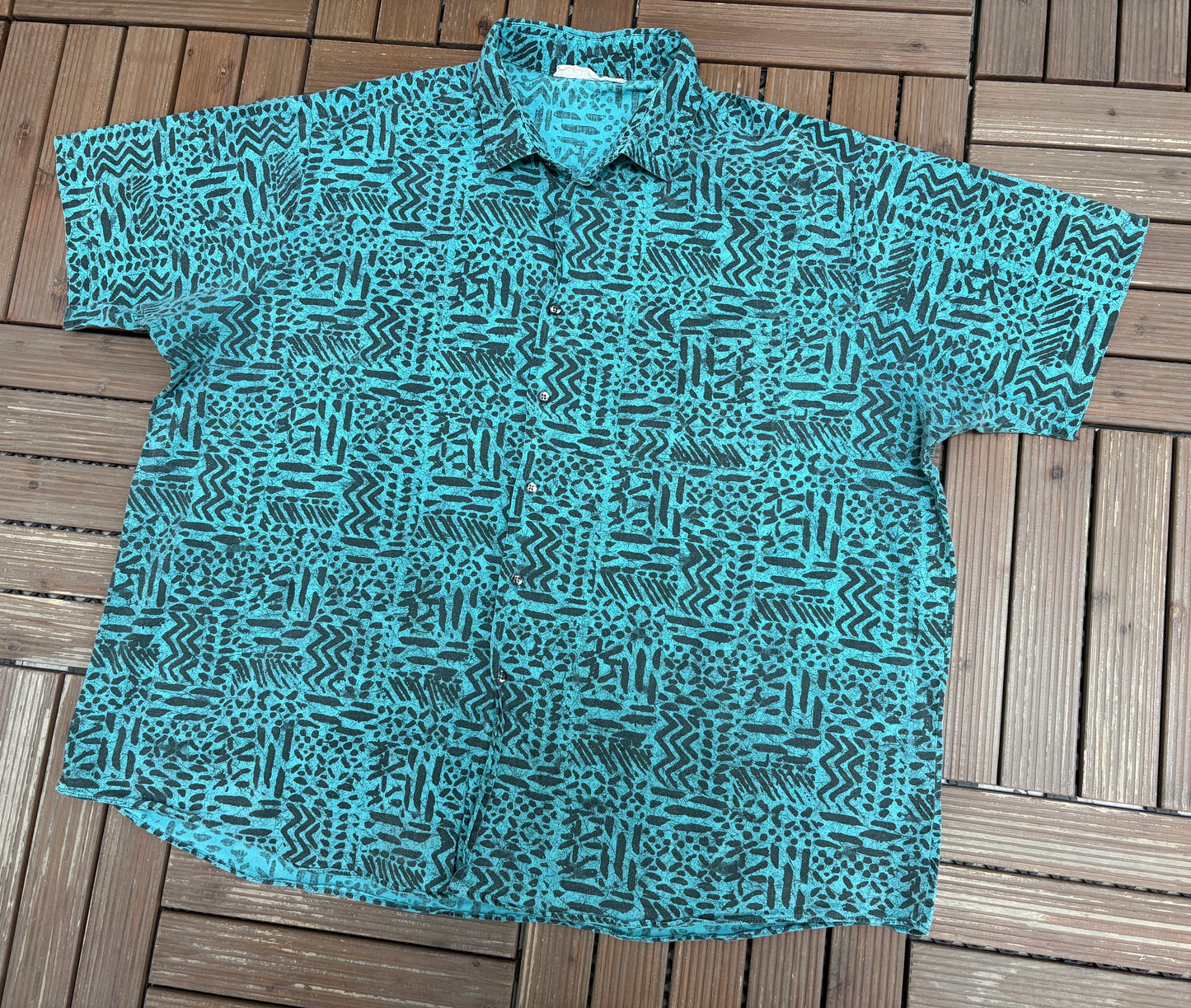 Teal Abstract Button Down Tee | Size X-Large | Vintage 1990s Casual Button Down Shirt |