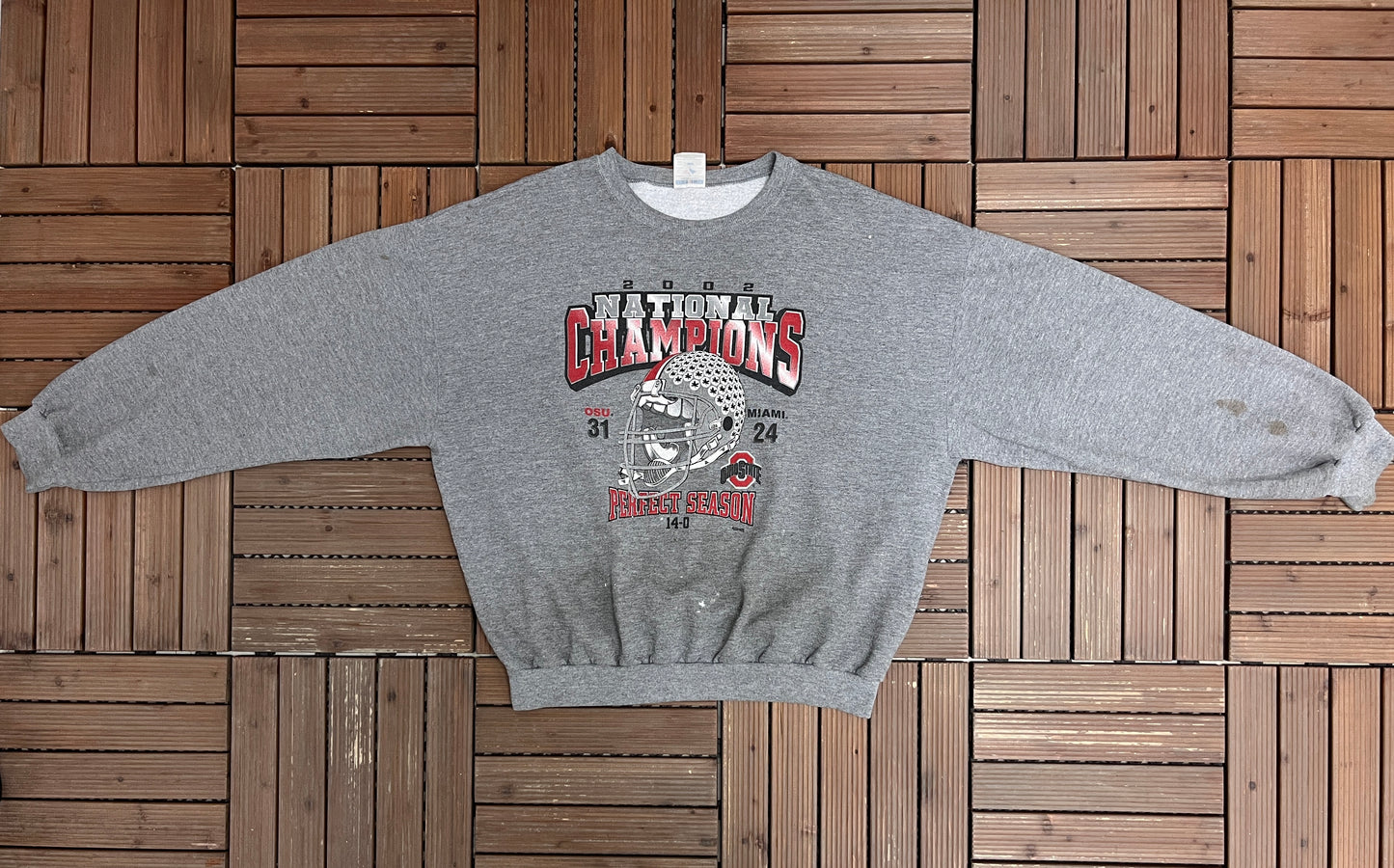 Ohio State Buckeyes 2002 National Champions Graphic Crewneck | Size X-Large | Vintage 2000s College Football Grey Sweater |