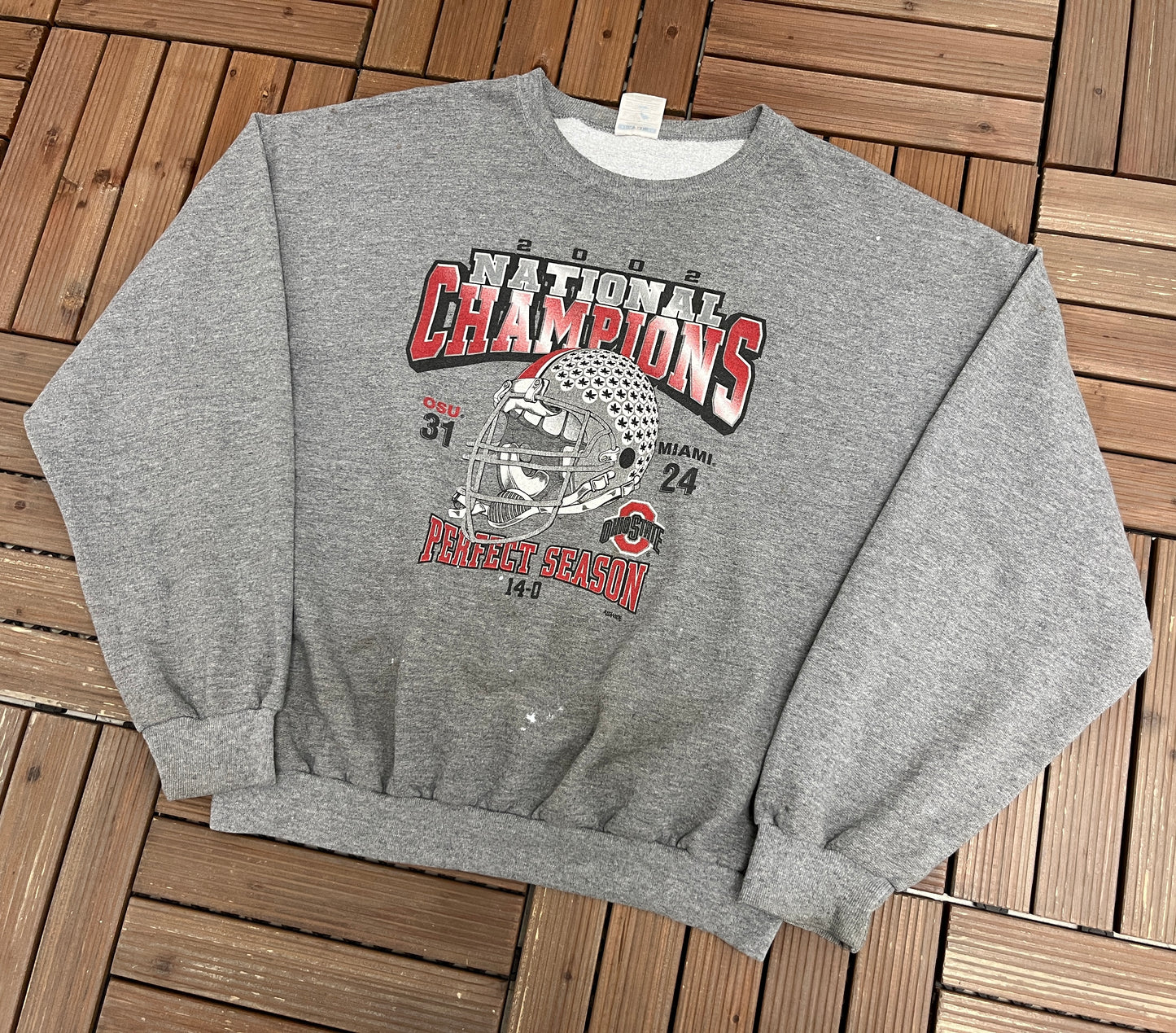 Ohio State Buckeyes 2002 National Champions Graphic Crewneck | Size X-Large | Vintage 2000s College Football Grey Sweater |