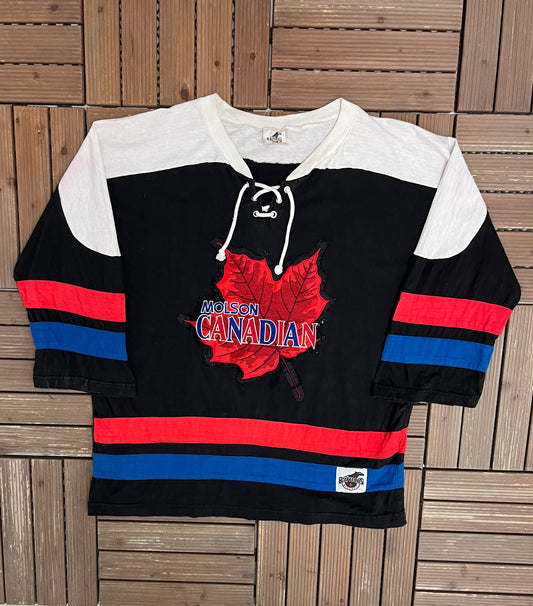 Molson Canadian Graphic Tee | Size Large | Vintage 1990s Promotional Black 3/4 Sleeve |