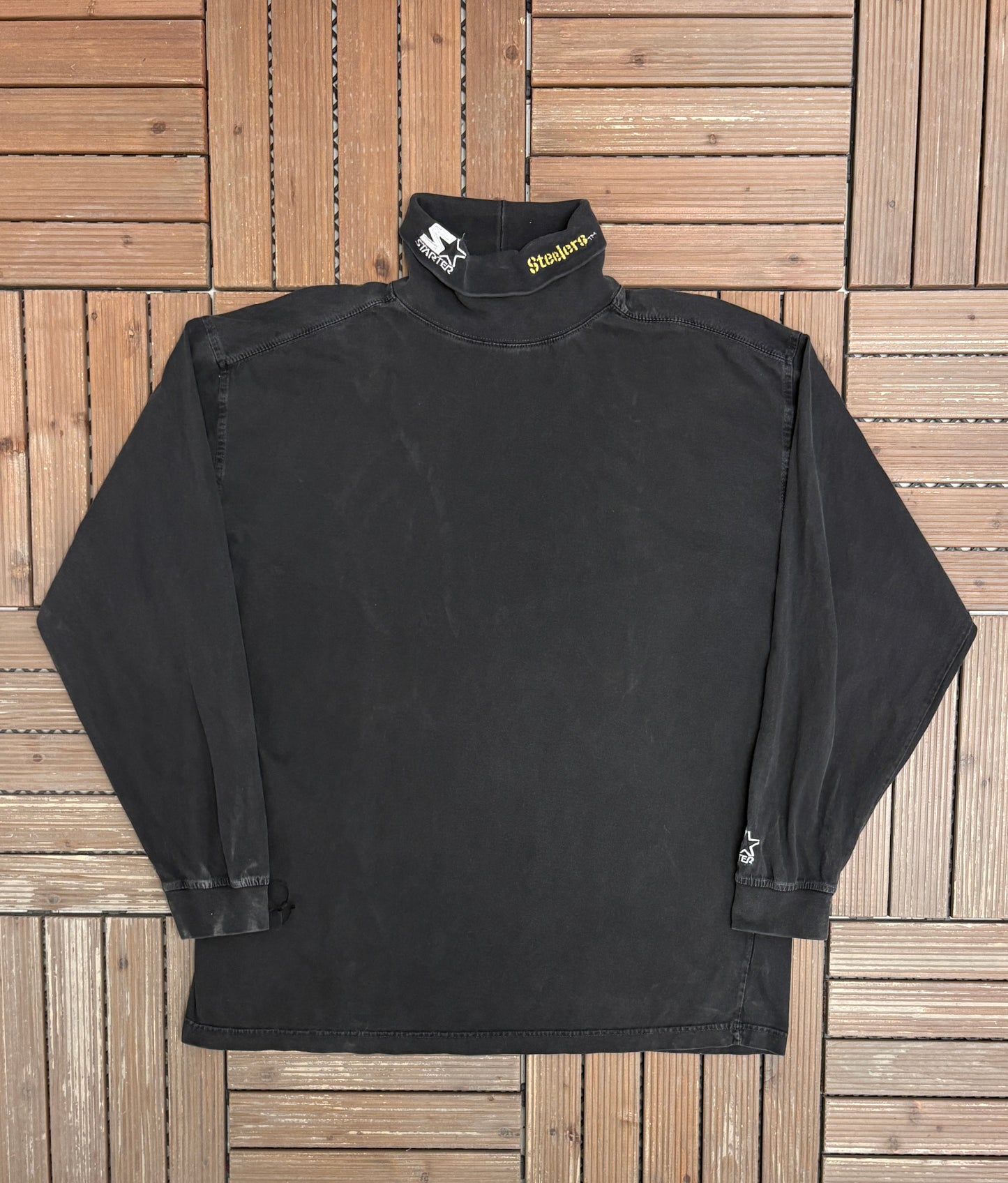 Pittsburgh Steelers Embroidered Graphic Turtleneck | Size X-Large | Vintage 1990s NFL Football Starter Black T-Shirt |