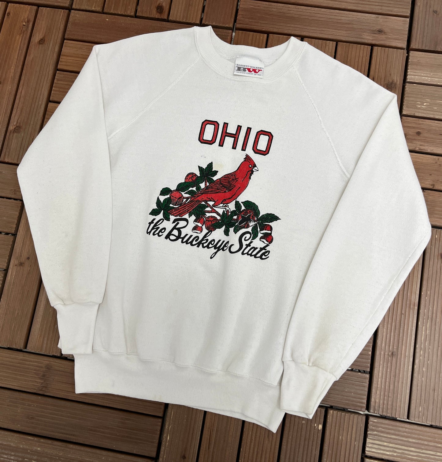 Ohio The Buckeye State Graphic Crewneck | Size Medium | Vintage 1980s Tourist White Sweater |