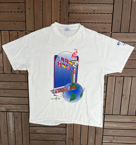 Atlanta Olympics 1996 Graphic Tee | Size X-Large | Vintage 1990s Promotional White T-Shirt |