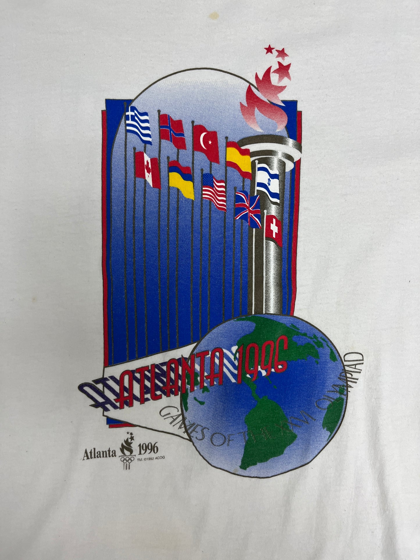 Atlanta Olympics 1996 Graphic Tee | Size X-Large | Vintage 1990s Promotional White T-Shirt |