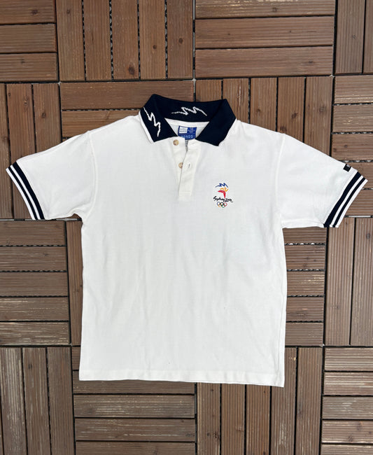 Sydney Olympics 2000 Embroidered Graphic Tee | Size Small | Vintage 2000s White Collared T-Shirt |