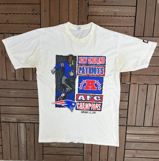 New England Patriots AFC Champions Graphic Tee | Size Large | Vintage 1990s NFL Football White T-Shirt |