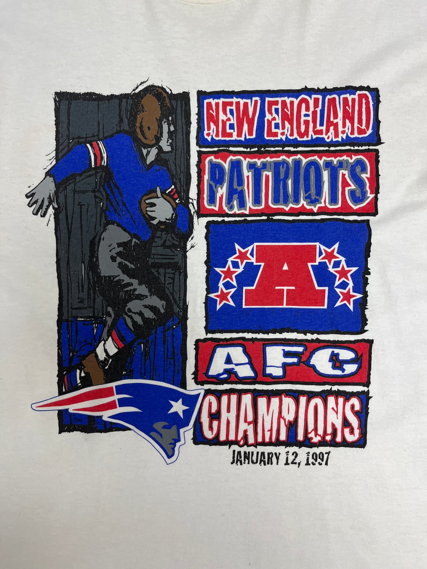 New England Patriots AFC Champions Graphic Tee | Size Large | Vintage 1990s NFL Football White T-Shirt |