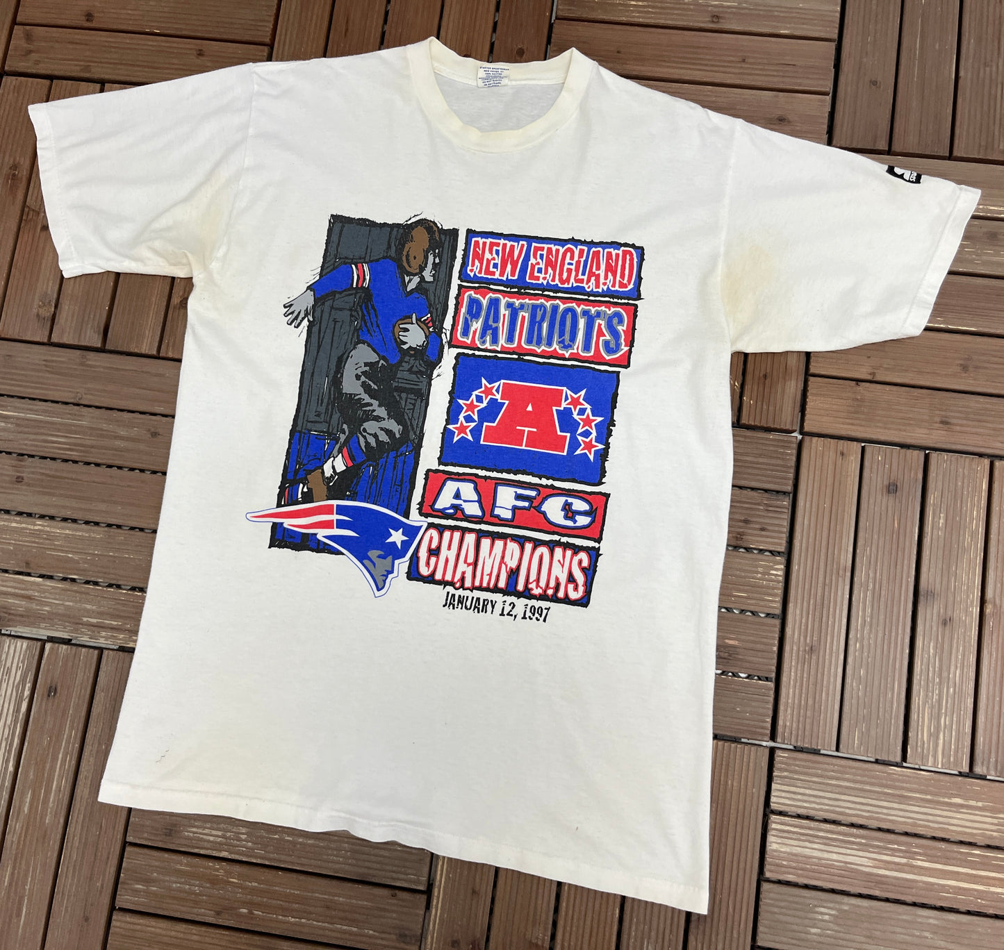 New England Patriots AFC Champions Graphic Tee | Size Large | Vintage 1990s NFL Football White T-Shirt |