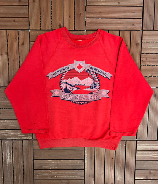 Canada True North Strong & Free Graphic Crewneck | Size Large | Vintage 1980s Tourist Red Sweater |