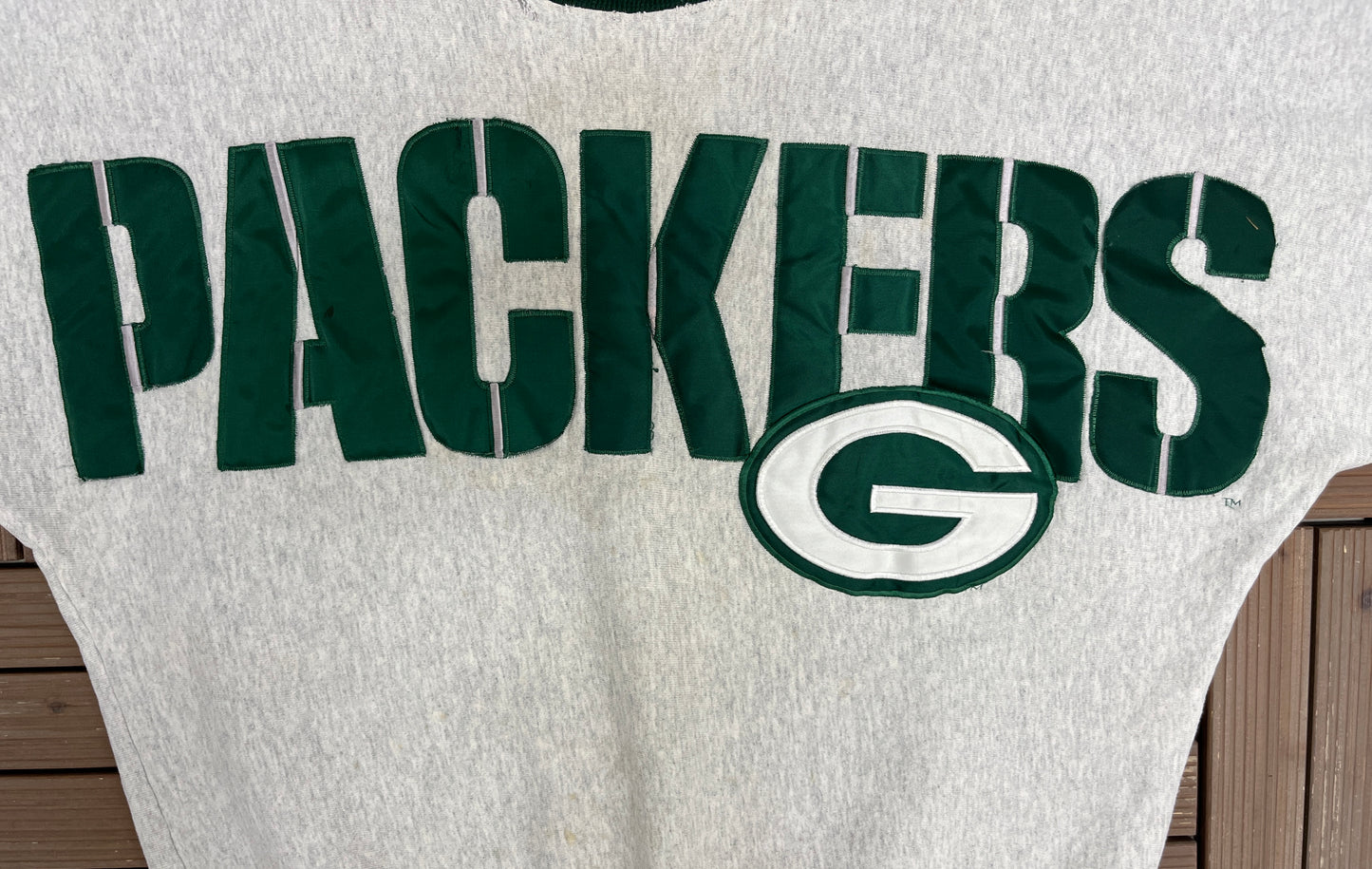 Green Bay Packers Wingspan Graphic Crewneck | Size X-Large | Vintage 1990s NFL Football Grey Sweater |