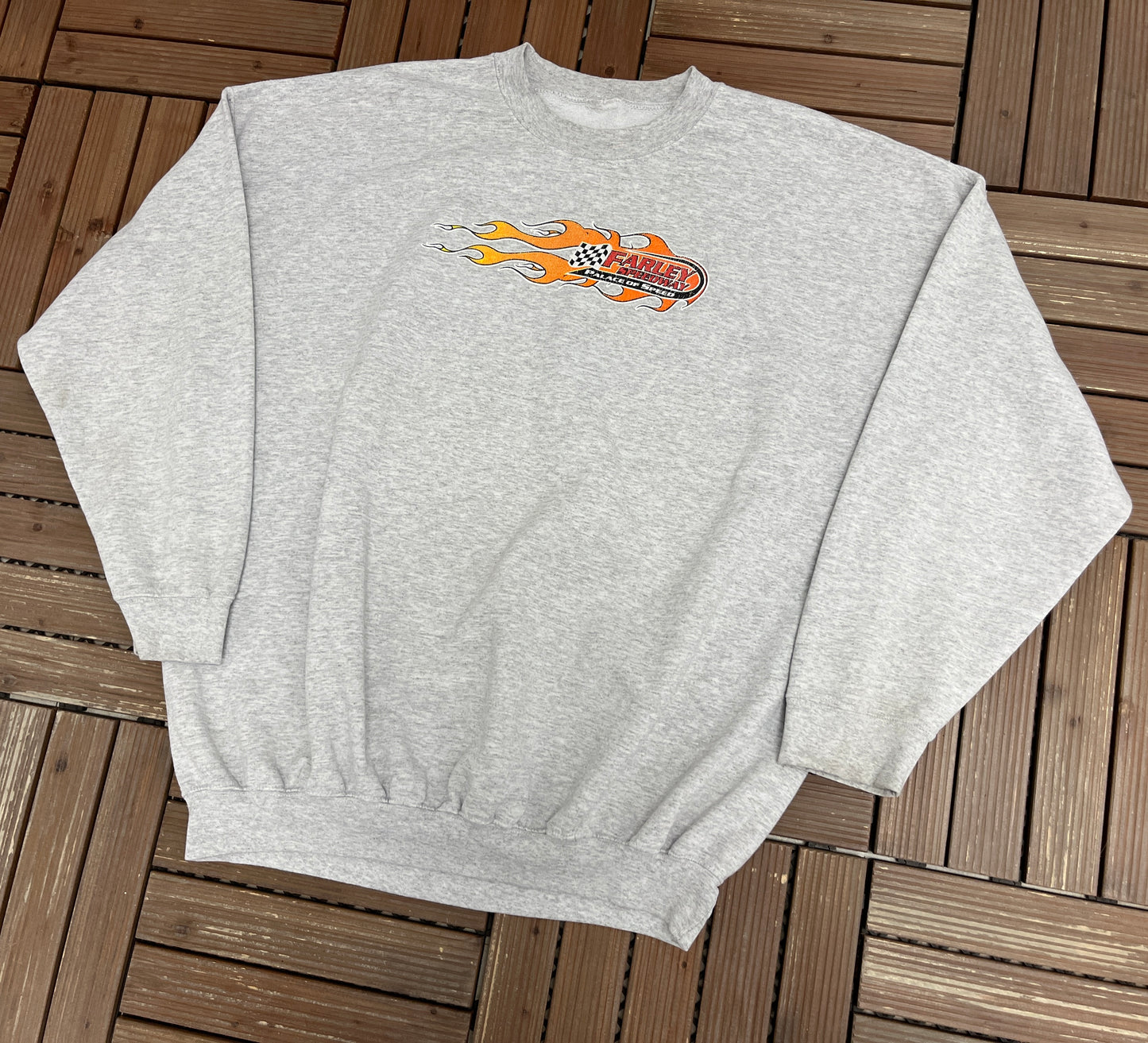 Farley Speedway Get Off Your Can... Be A Fan Graphic Crewneck | Size XX-Large | Vintage 2000s NASCAR Racing Grey Sweater |