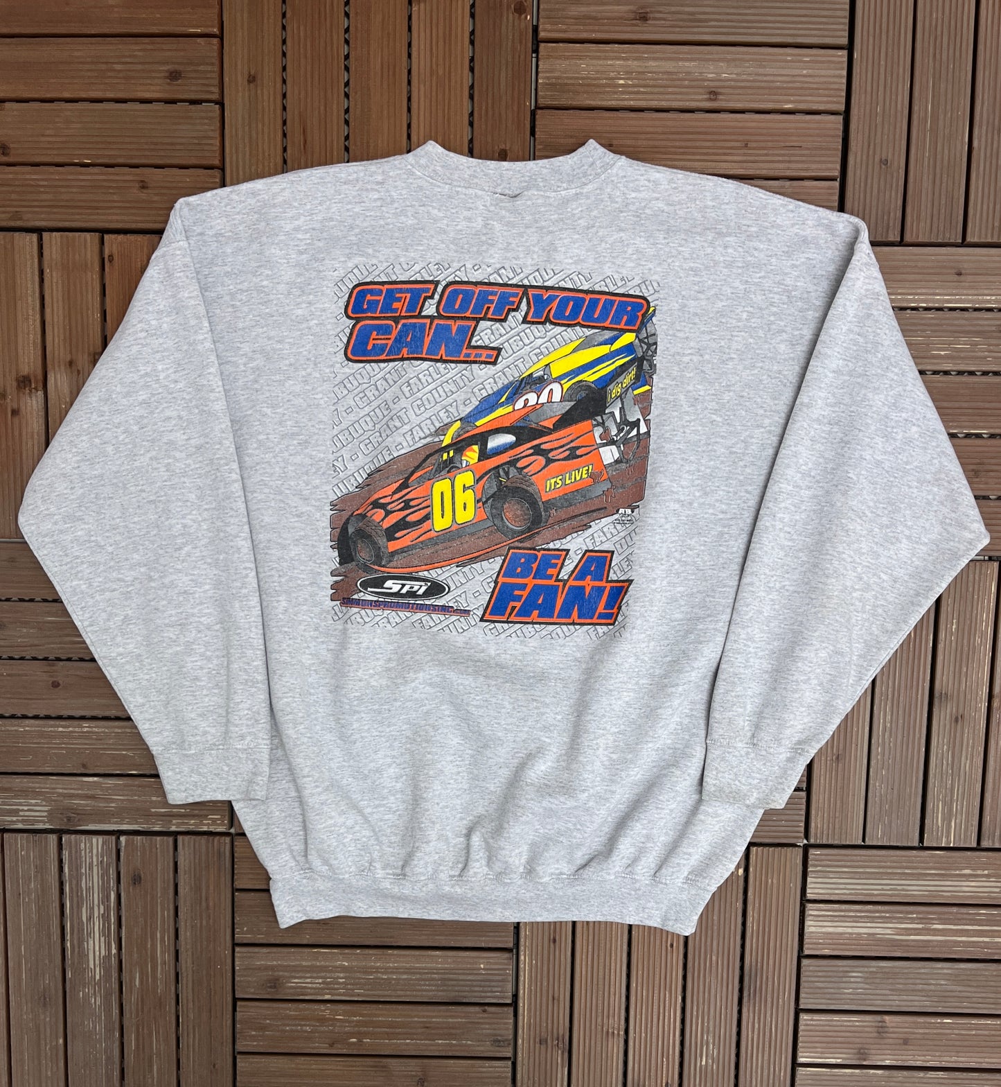 Farley Speedway Get Off Your Can... Be A Fan Graphic Crewneck | Size XX-Large | Vintage 2000s NASCAR Racing Grey Sweater |