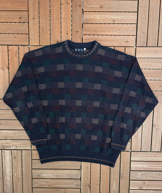 B.H.C. Boxed Pattern Knit Sweater | Size X-Large | Vintage 2000s Knit Blue Sweatshirt |