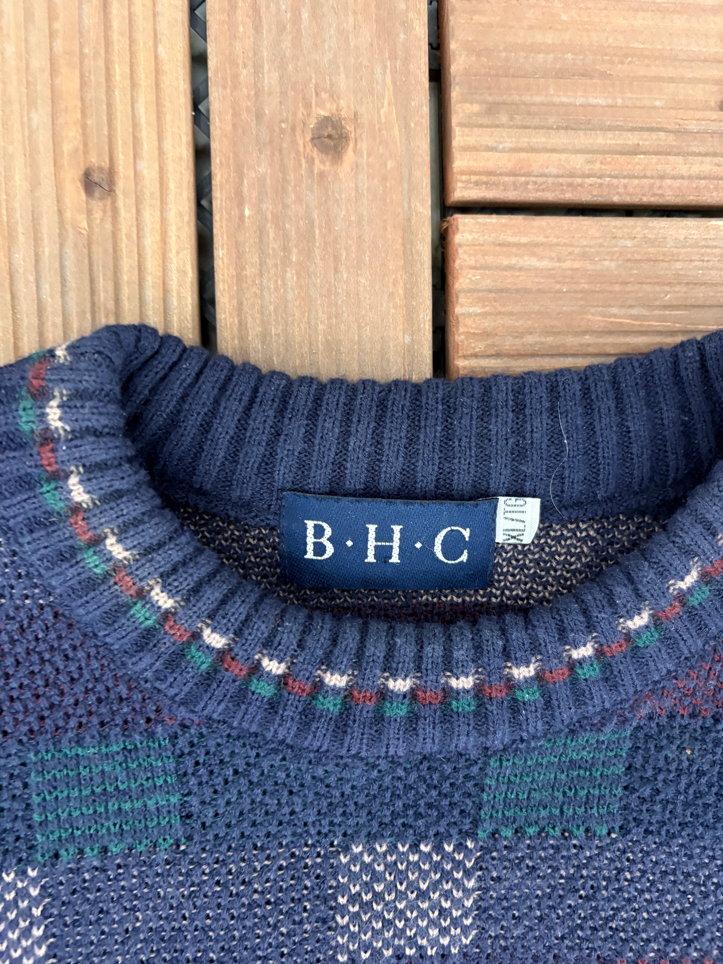 B.H.C. Boxed Pattern Knit Sweater | Size X-Large | Vintage 2000s Knit Blue Sweatshirt |