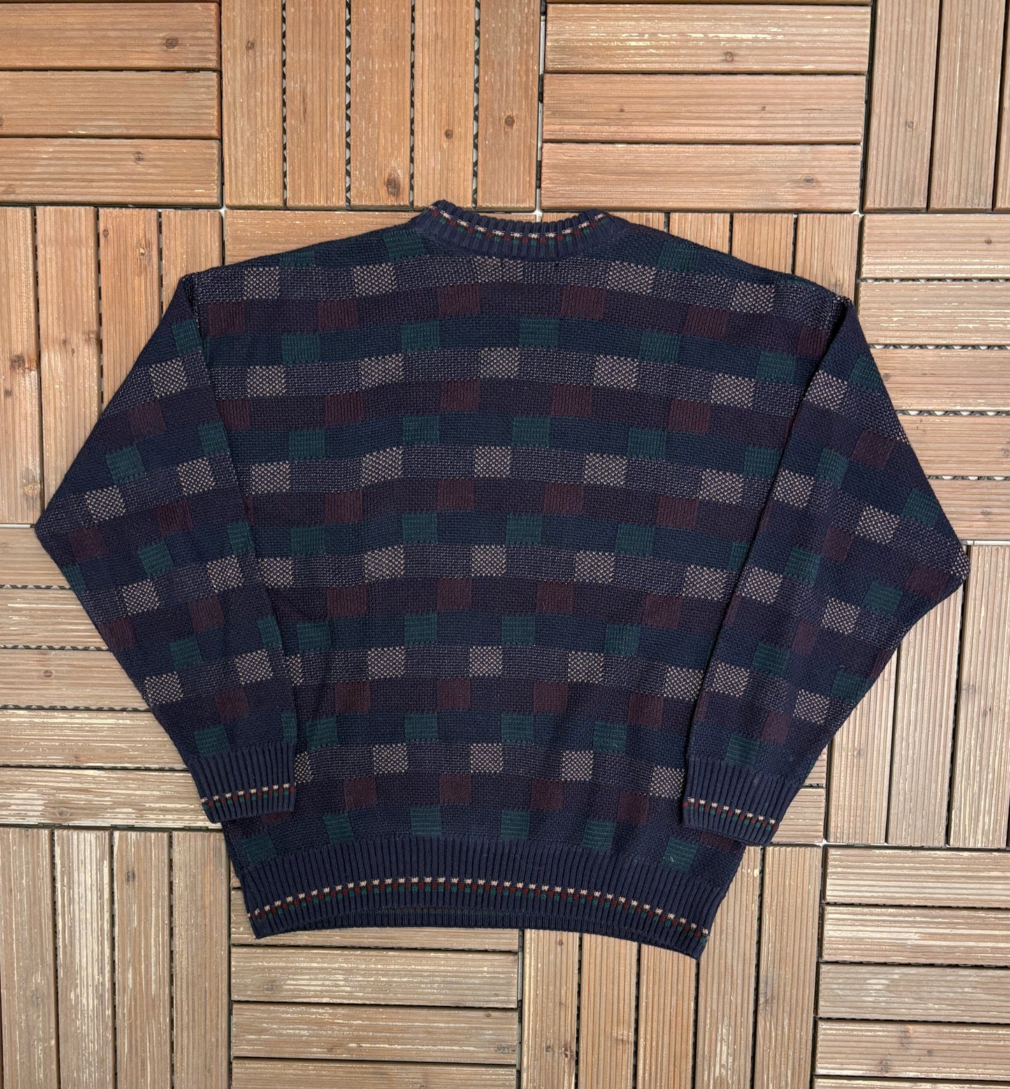 B.H.C. Boxed Pattern Knit Sweater | Size X-Large | Vintage 2000s Knit Blue Sweatshirt |