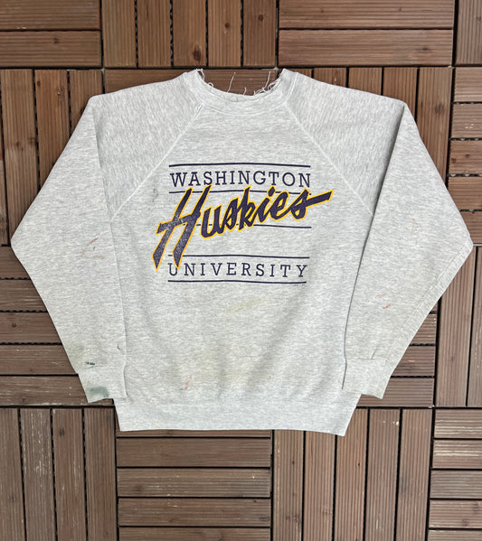 Washington Huskies Distressed Graphic Crewneck | Size Large | Vintage 1990s College Sports Grey Sweater |