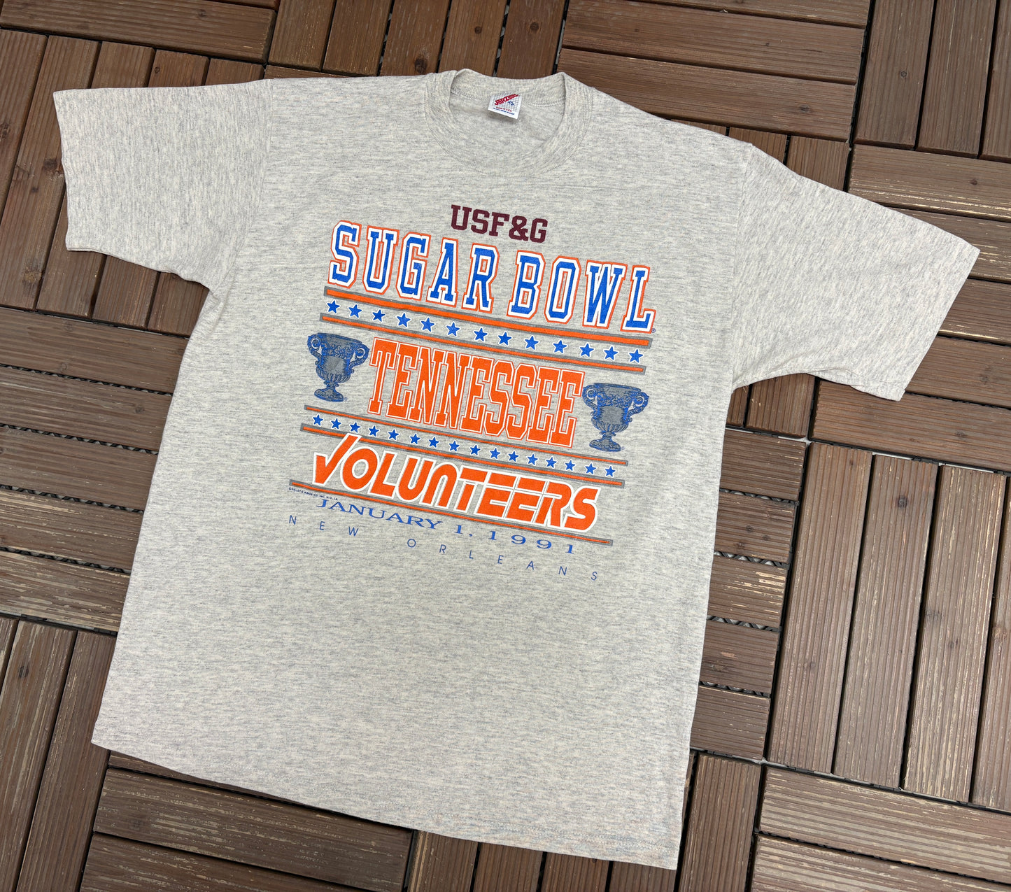 Tennessee Volunteers 1991 Sugar Bowl Champions Graphic Tee | Size X-Large | Vintage 1990s College Football Grey T-Shirt |