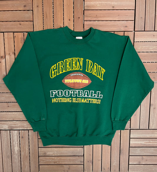 Green Bay Packers Titletown, USA Graphic Crewneck | Size Large | Vintage 1990s NFL Football Green Sweater |