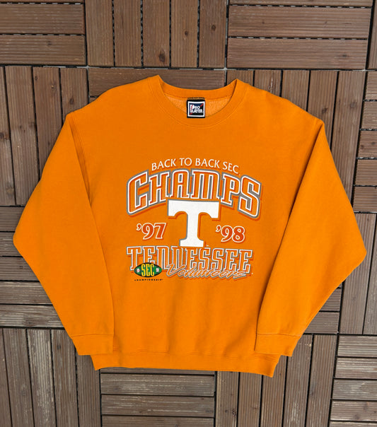 Tennessee Volunteers Back To Back SEC Champs Graphic Crewneck | Size Large | Vintage 1990s College Sports Orange Sweater |