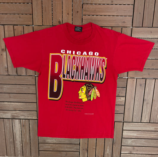 Chicago Blackhawks Graphic Tee | Size Large | Vintage 1990s NHL Hockey Red T-Shirt |