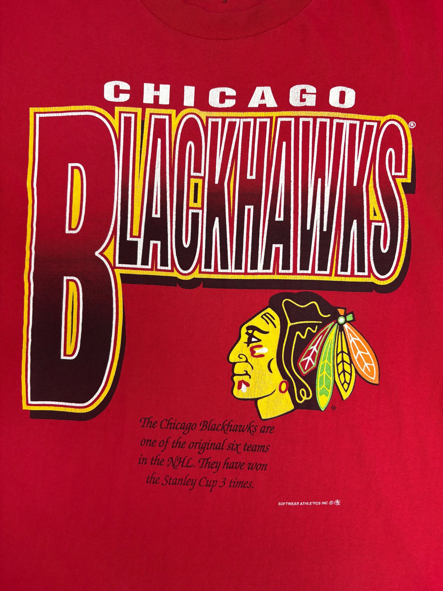 Chicago Blackhawks Graphic Tee | Size Large | Vintage 1990s NHL Hockey Red T-Shirt |