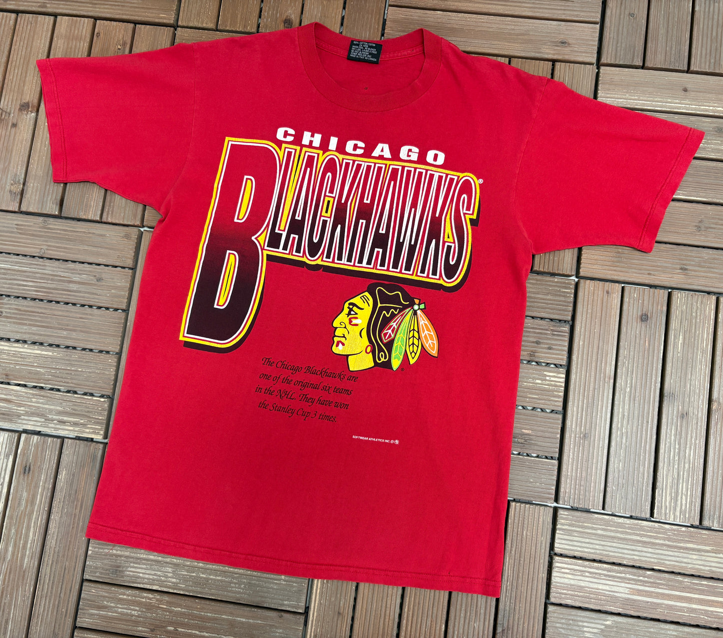 Chicago Blackhawks Graphic Tee | Size Large | Vintage 1990s NHL Hockey Red T-Shirt |