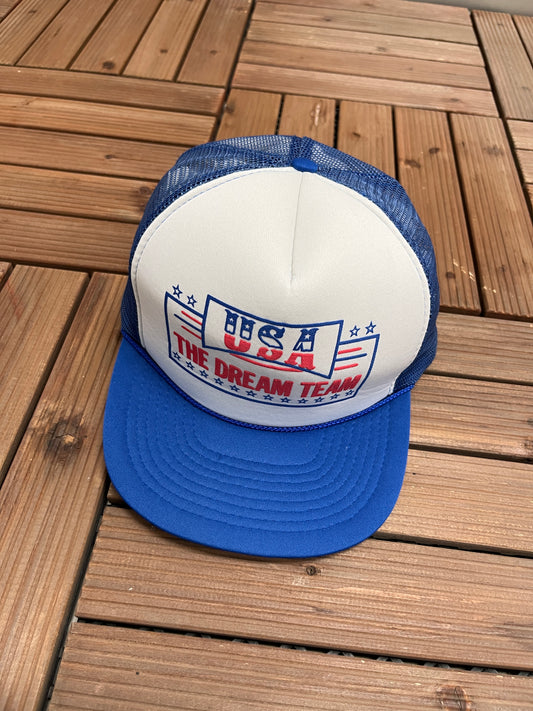 USA The Dream Team Graphic Hat | Snap Back | Vintage 1990s Olympics Basketball Trucker White Cap |