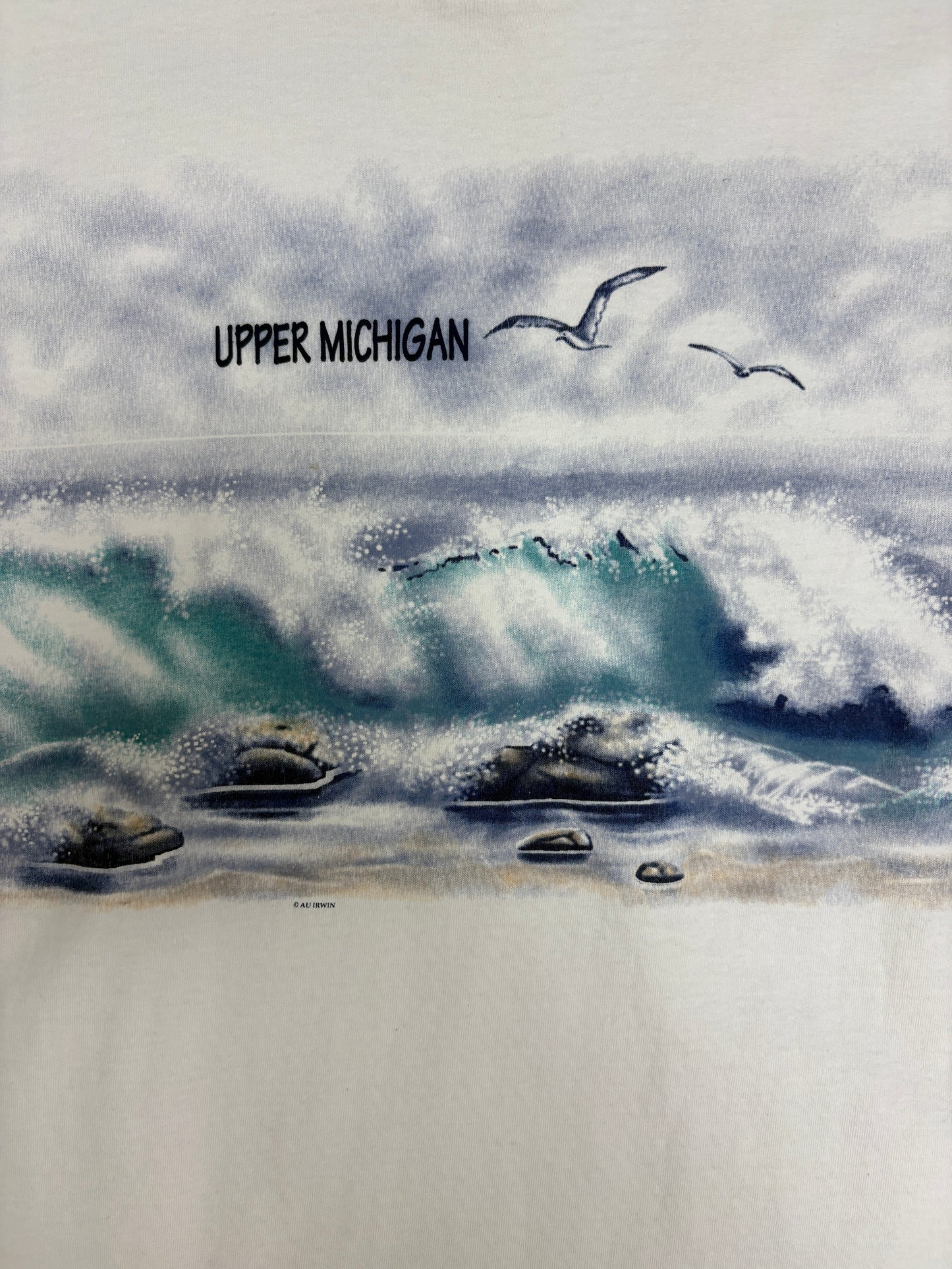 Upper Michigan Scenic Seagull Graphic Tee | Size Large | Vintage 1990s Tourist White T-Shirt |