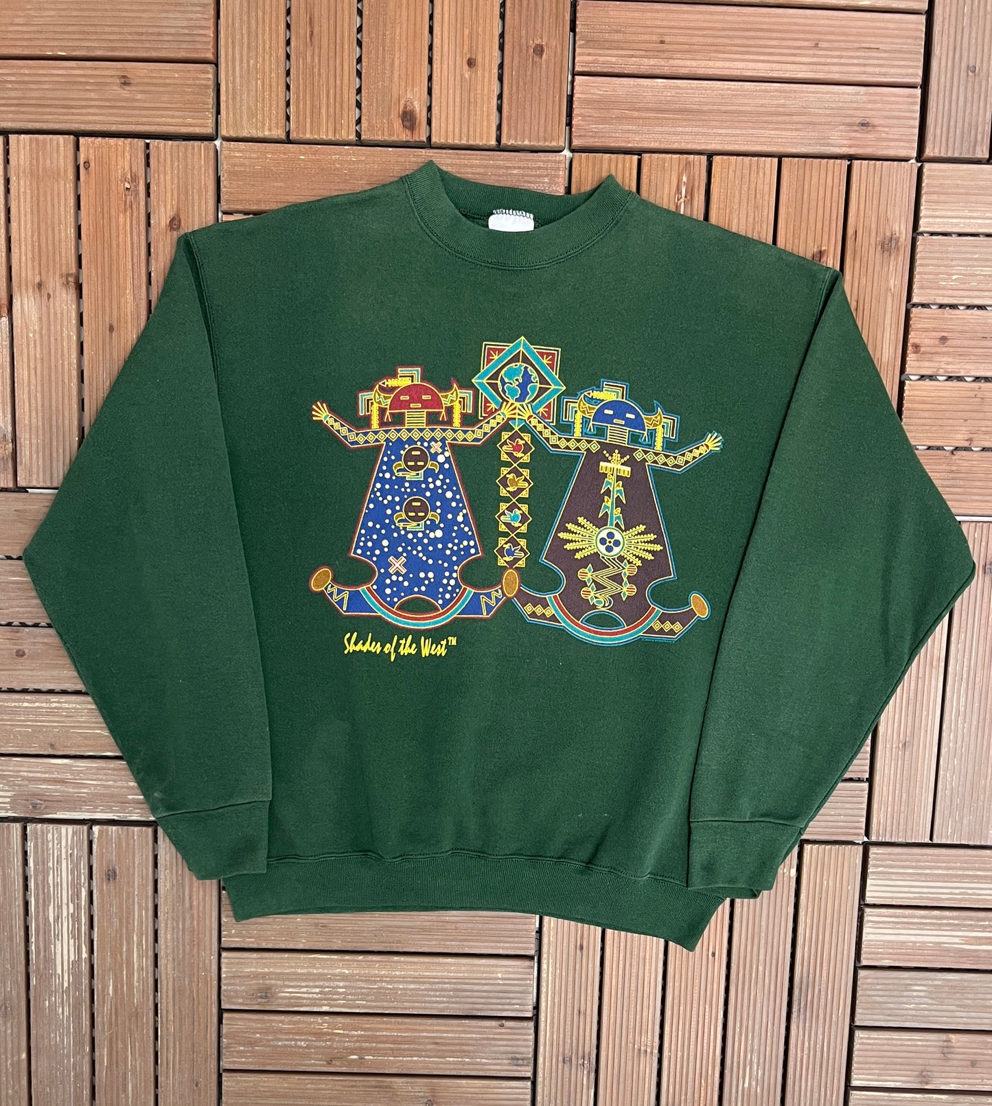 Shades Of The West Abstract Graphic Crewneck | Size Large | Vintage 1990s Tourist Abstract Green Sweater |