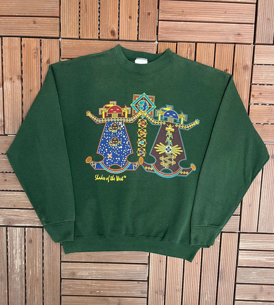 Shades Of The West Abstract Graphic Crewneck | Size Large | Vintage 1990s Tourist Abstract Green Sweater |