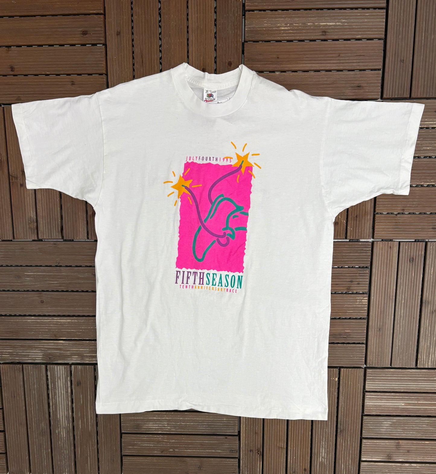 July 4th Fifth Season Race Graphic Tee| Size X-Large | Vintage 1990s Single Stitch Promotional White T-Shirt |