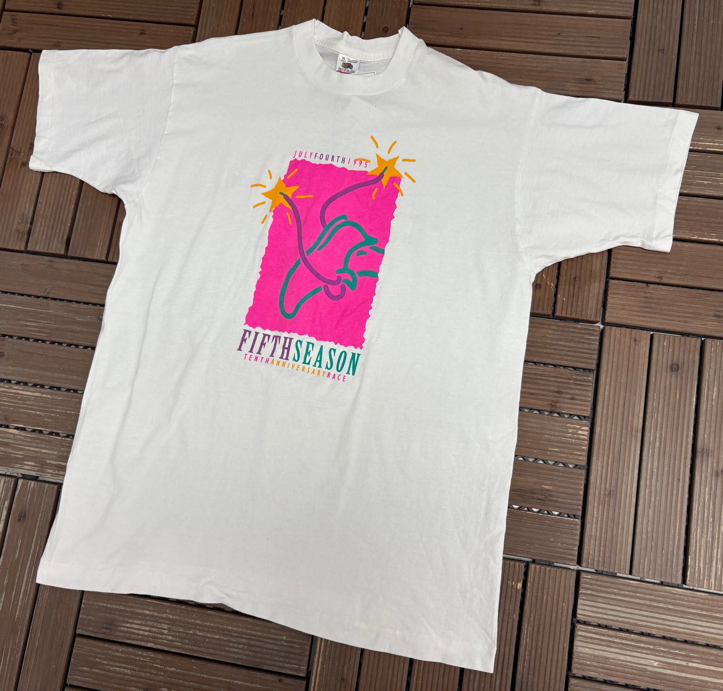July 4th Fifth Season Race Graphic Tee| Size X-Large | Vintage 1990s Single Stitch Promotional White T-Shirt |