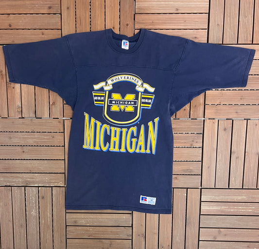 Michigan Wolverines Go Blue Graphic Tee | Size Medium | Vintage 1990s College Sports Blue T-Shirt |