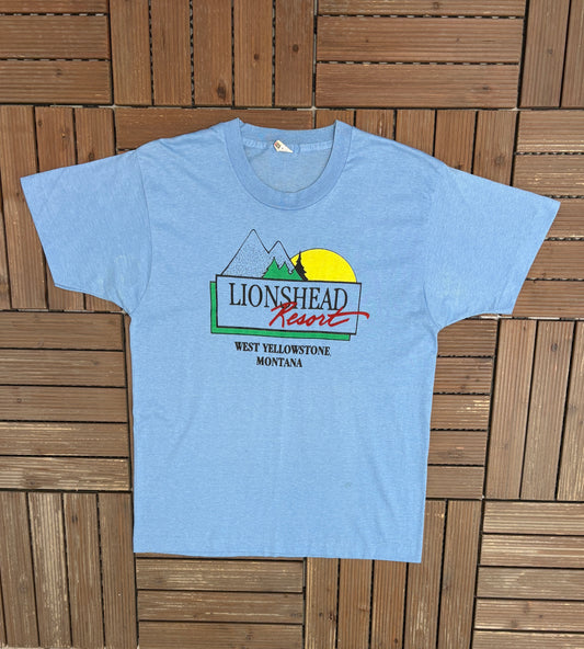 Lionshead Resort West Yellowstone, Montana Graphic Tee | Size Large | Vintage 1980s Tourist Promotional Blue T-Shirt |