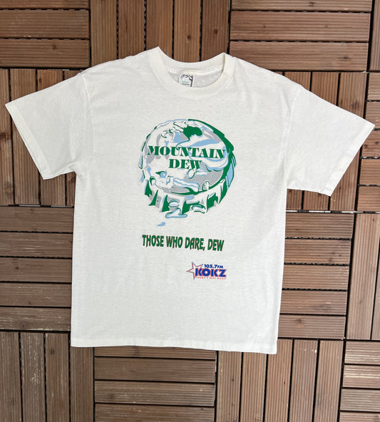 Mountain Dew Those Who Dare, Dew Graphic Tee | Size Large | Vintage 1990s Beverage Promotional White T-Shirt |