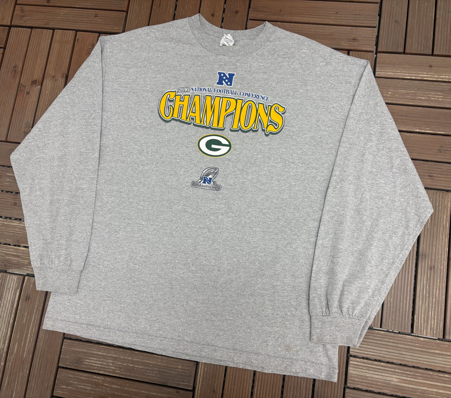 Green Bay Packers NFC Champions 2010 Graphic Tee | Size XX-Large | Vintage 2000s NFL Football Grey T-Shirt |