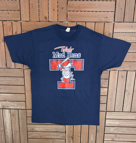 Toledo Mud Hens Graphic Tee | Size Large | Vintage 1990s MiLB Baseball Blue T-Shirt |