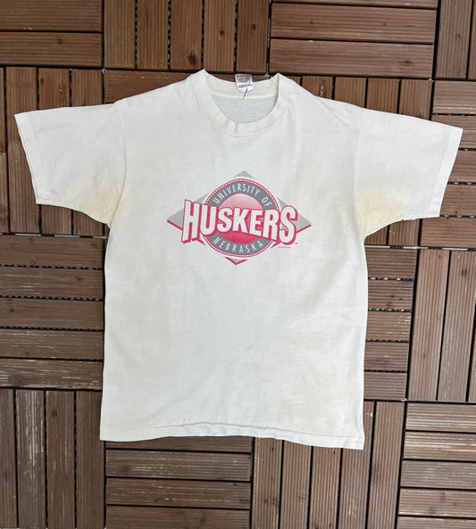 Nebraska Cornhuskers Graphic Tee | Size Large | Vintage 1990s College Football White T-Shirt |