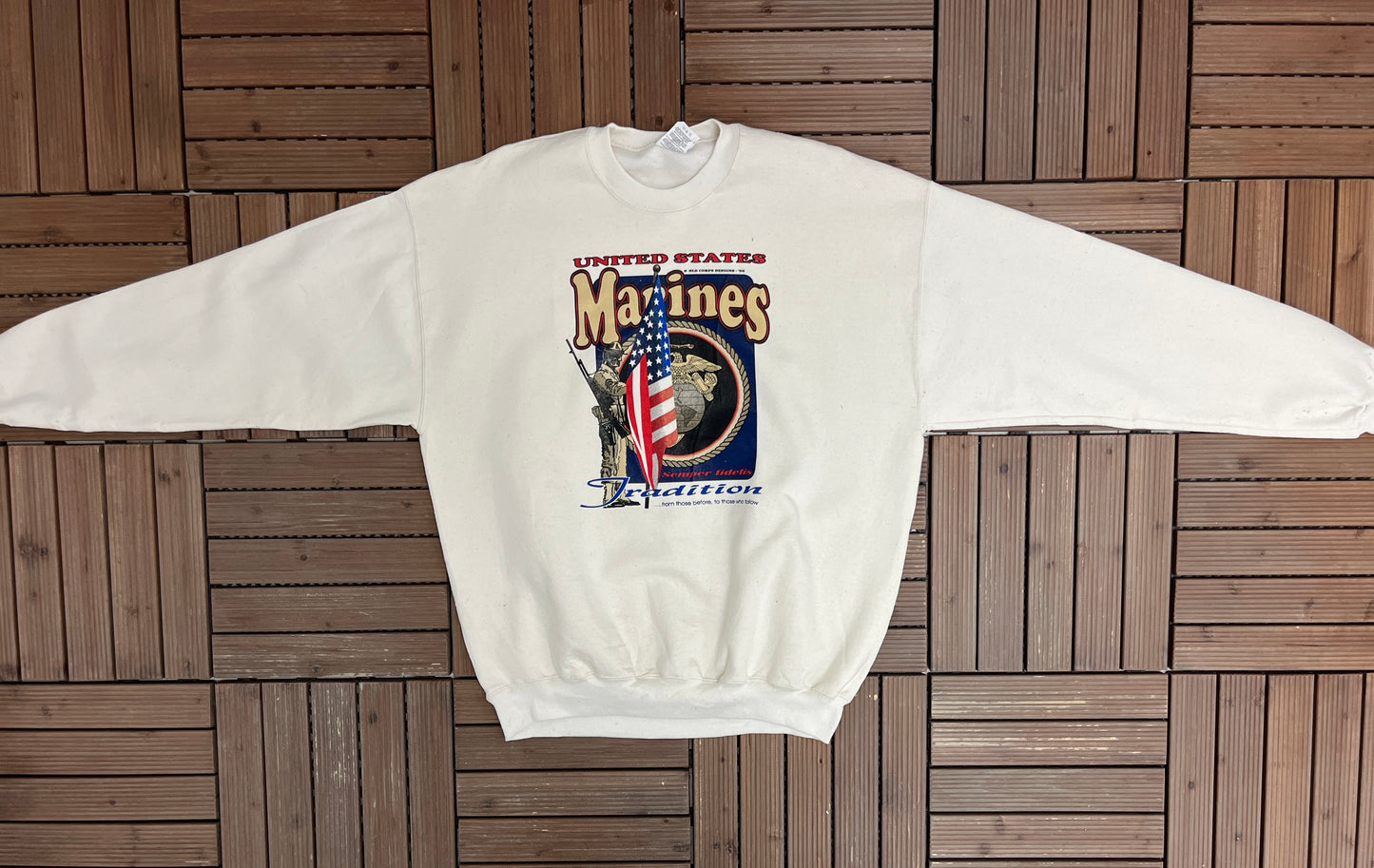 United States Marines Semper Fidelis Graphic Crewneck | Size X-Large | Vintage 1990s Promotional White Sweater |