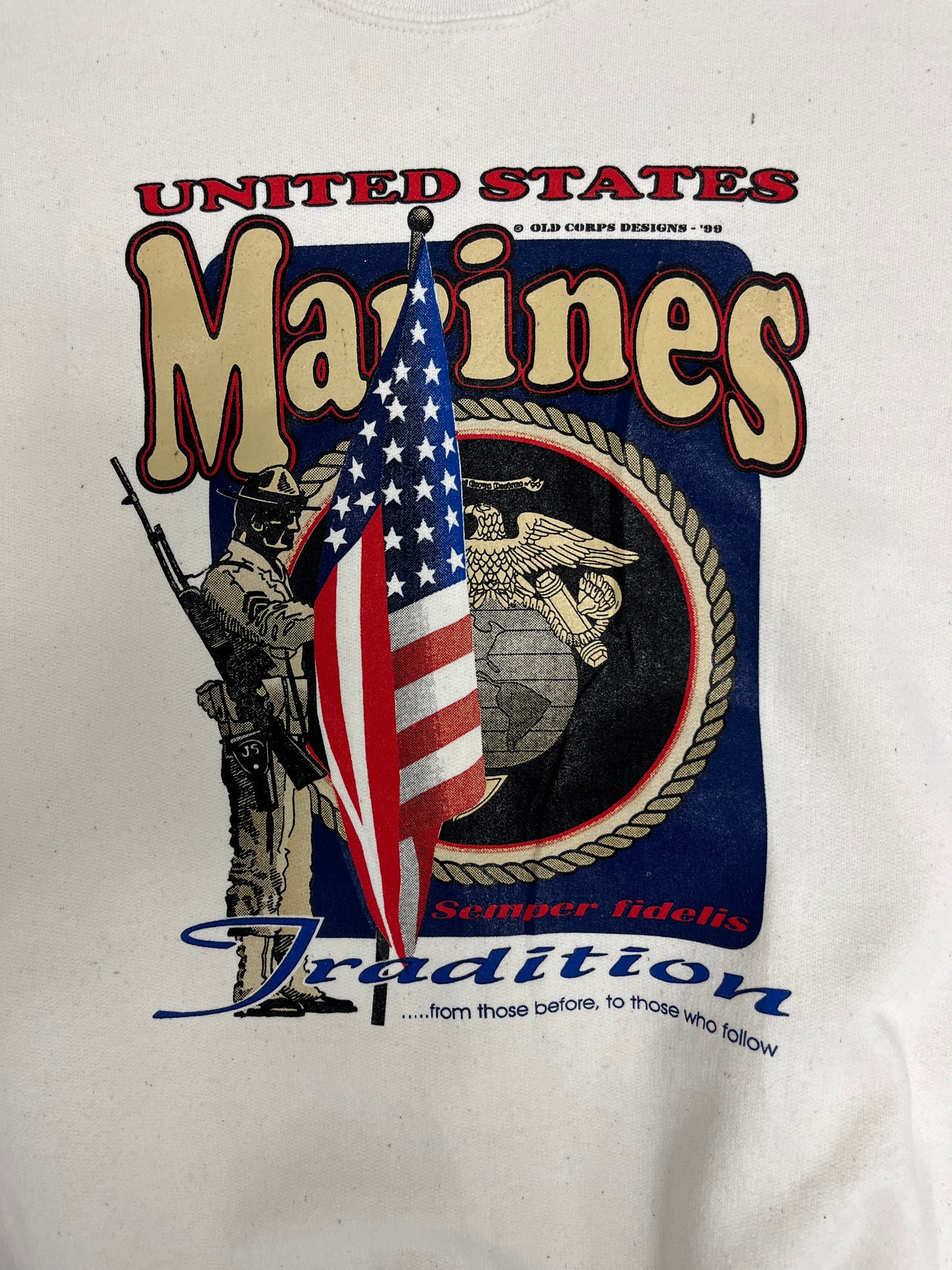 United States Marines Semper Fidelis Graphic Crewneck | Size X-Large | Vintage 1990s Promotional White Sweater |