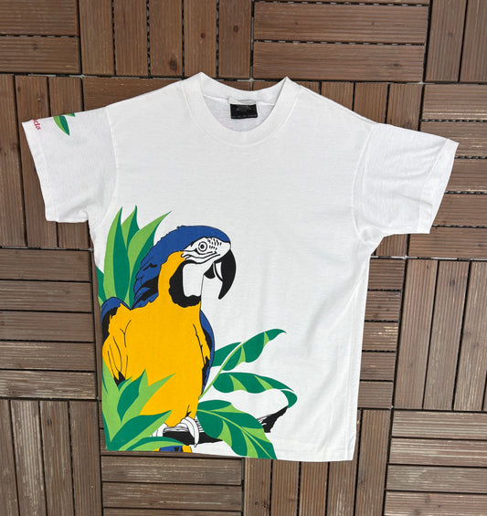 Caryn Elliott Tropical Macaw Graphic Tee | One Size | Vintage 1990s Tourist White T-Shirt |
