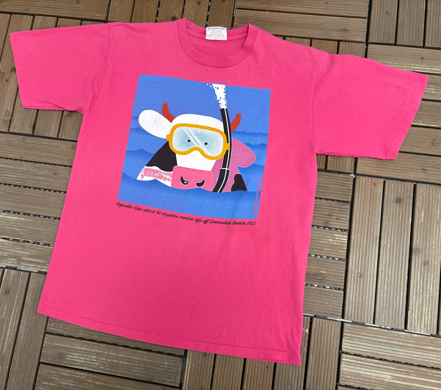 Cows Creamery Prince Edward Island Graphic Tee | Size Large | Vintage 1980s Promotional Pink T-Shirt |