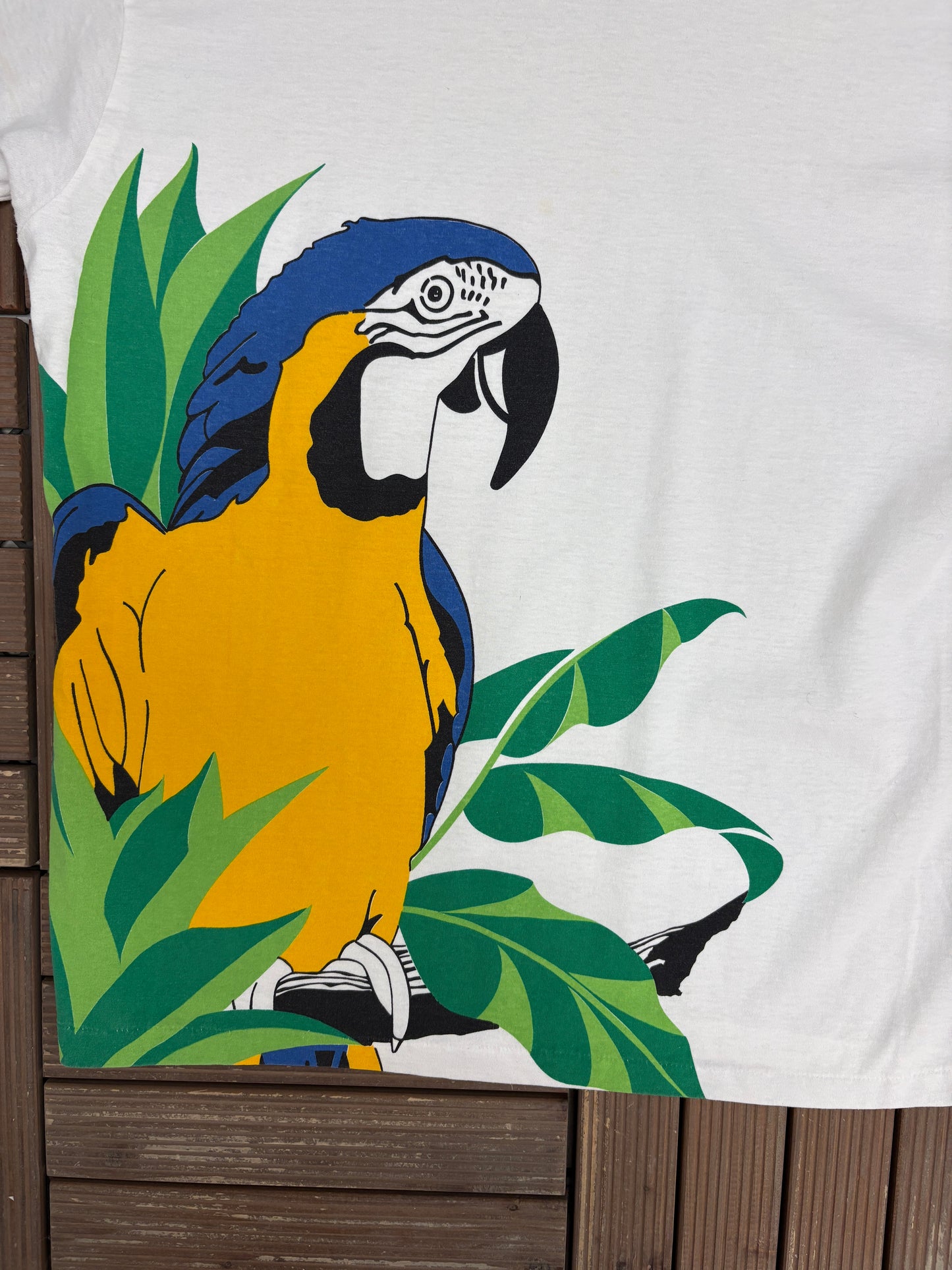 Caryn Elliott Tropical Macaw Graphic Tee | One Size | Vintage 1990s Tourist White T-Shirt |