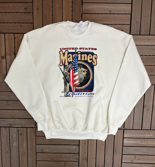 United States Marines Semper Fidelis Graphic Crewneck | Size X-Large | Vintage 1990s Promotional White Sweater |