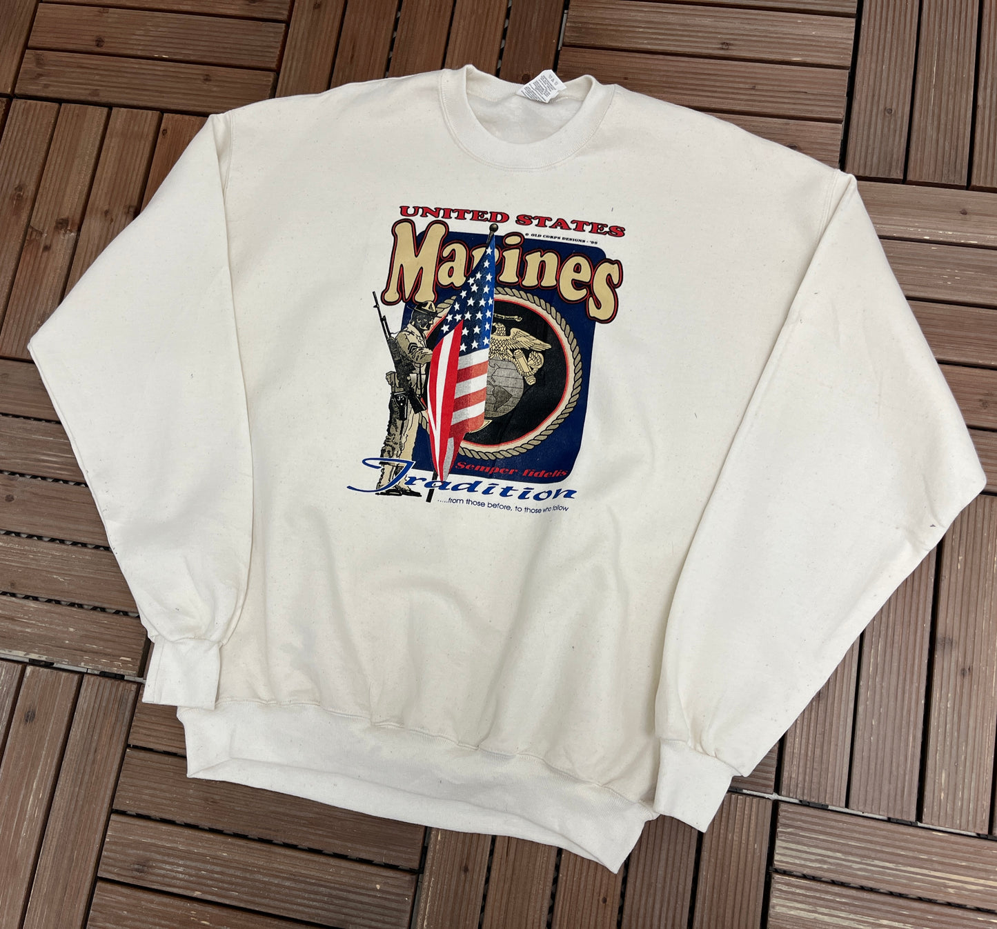 United States Marines Semper Fidelis Graphic Crewneck | Size X-Large | Vintage 1990s Promotional White Sweater |