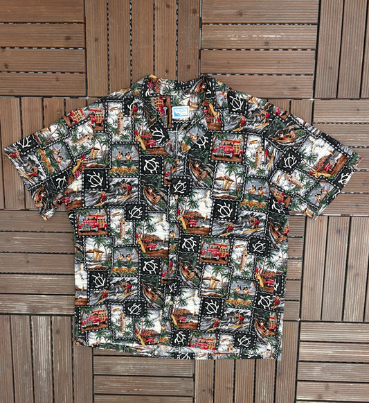 Hula & Surfing Graphic Hawaiian Shirt | Size X-Large | Vintage 1990s Scenic Hawaiian Shirt |