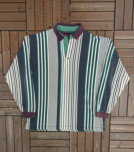 Bachrach Striped Graphic Polo Shirt | Size Large | Vintage 2000s Branded White Shirt |