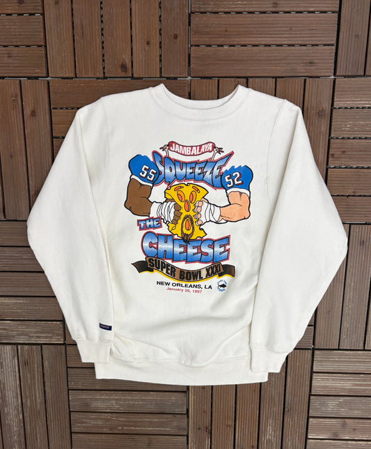 Super Bowl XXXI Squeeze The Cheese Graphic Crewneck | Size Small | Vintage 1990s NFL Football White Sweater |