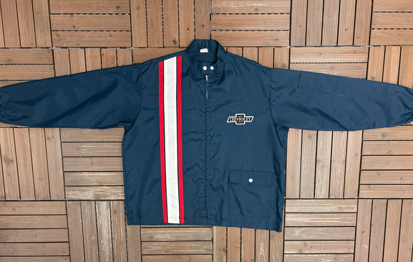 Chevrolet Stitched Graphic Windbreaker | Size X-Large | Vintage 1980s Promotional Blue Jacket |